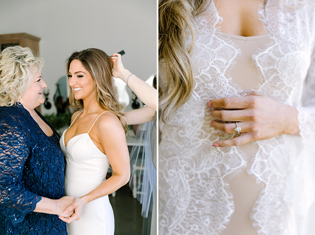 Bride getting ready at Canyonwood Ridge, in a lace robe