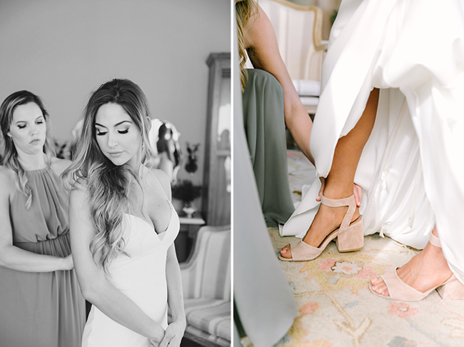 Black and white bridal portrait, and a detail of a bride in wedding day heels