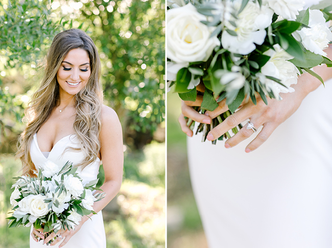 Bride holding a white bridal bouquet with olive branches, by Blumen Floral