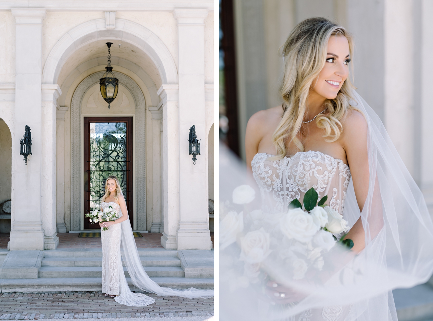Bride in a lace gown by Adam Zohar, bouquet by Gypsy Floral
