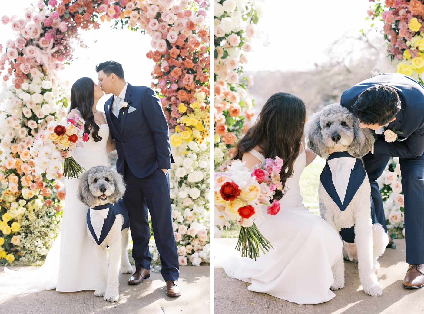 Couple posing with their dog for their winter wedding in Austin