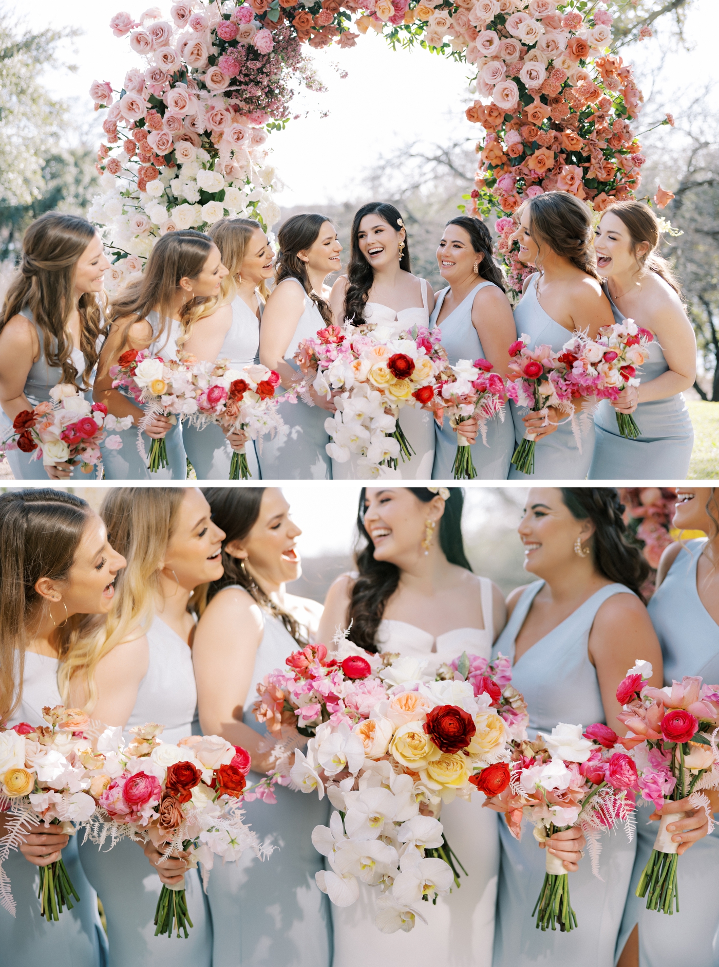 Colorful bridesmaids bouquets in shades of blush, red, orange, yellow and pink