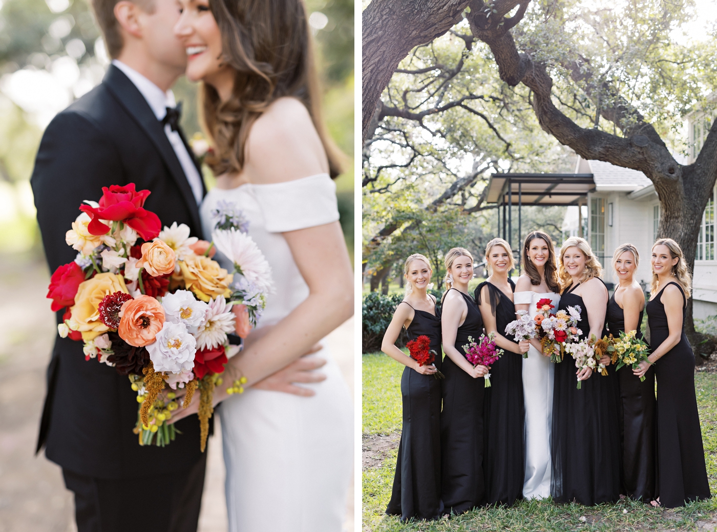 Colorful modern wedding in Austin with pops of black, mauve and red