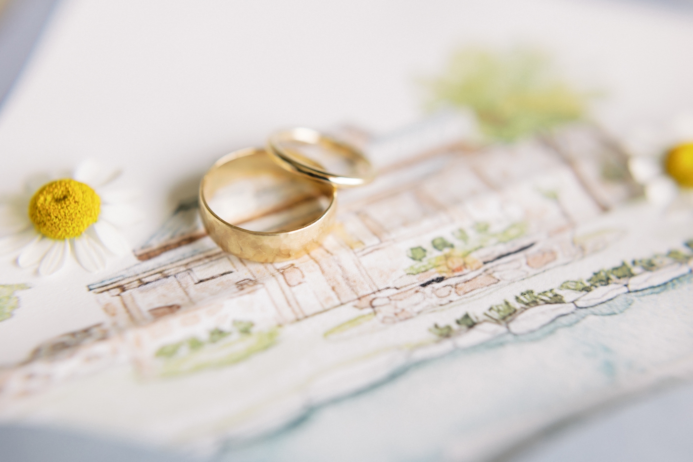 Gold wedding bands on top of a watercolor wedding invitation by Pink Champagne Designs