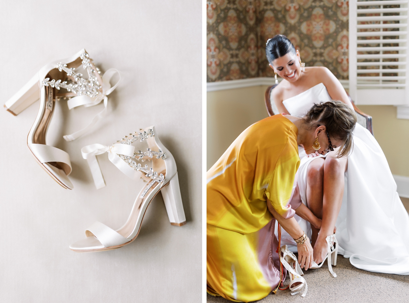 White bridal heels, with the brides mom helping her put them on