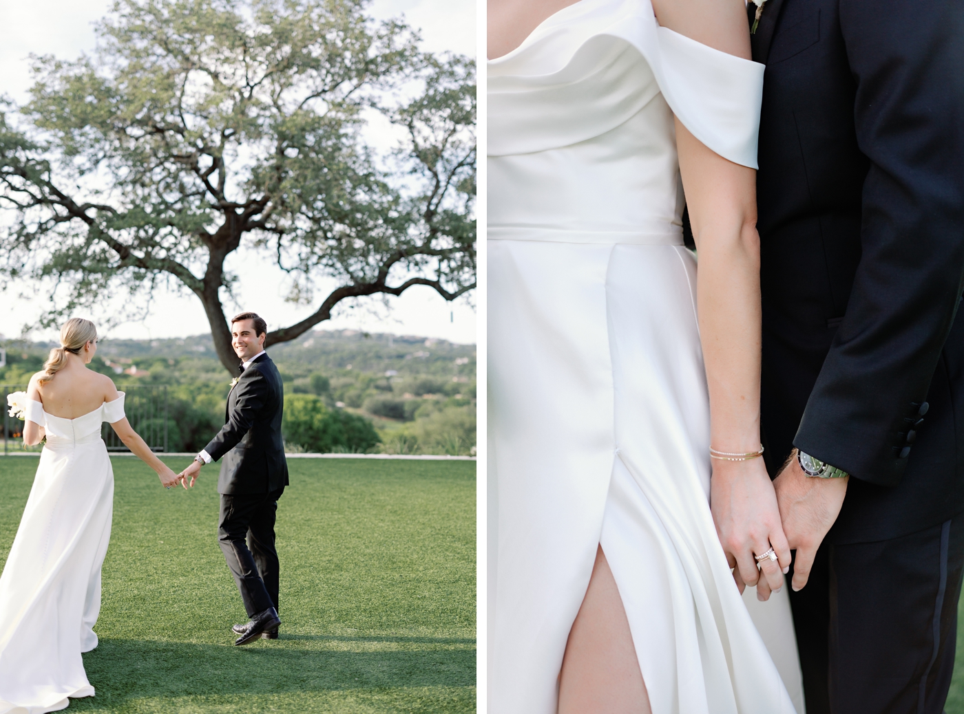 Golden hour bride and groom pictures on the lawn at Hill Country Pavilion 