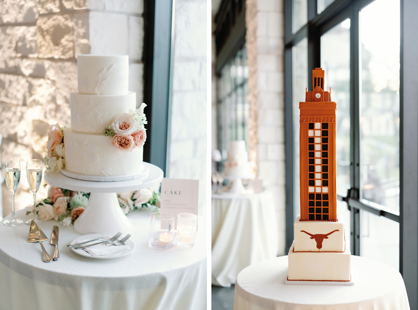 Classic three tier wedding cake next to UT Wedding cake