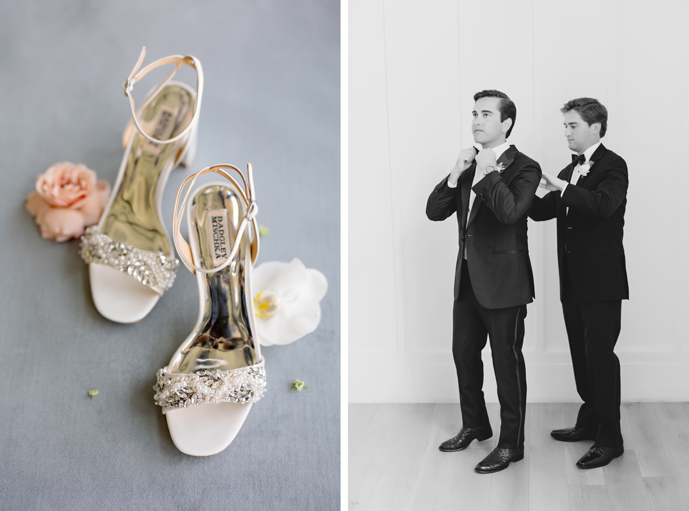 Bridal heels next to the groom getting ready
