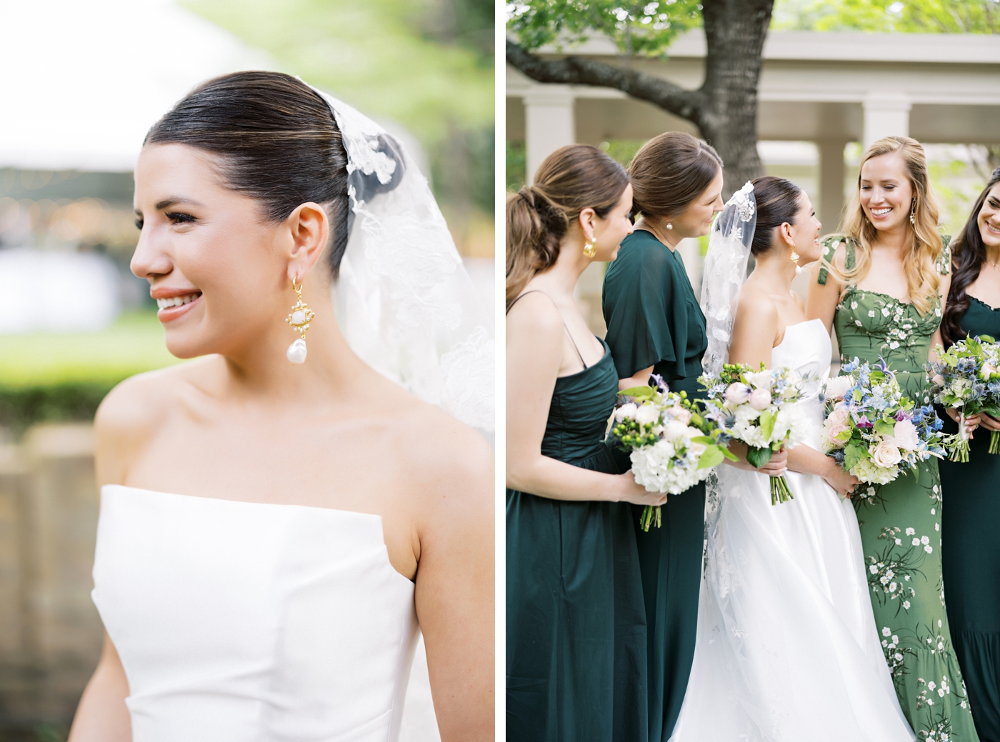 Bridal portrait next to an image of bridesmaids in green dresses for an Austin wedding