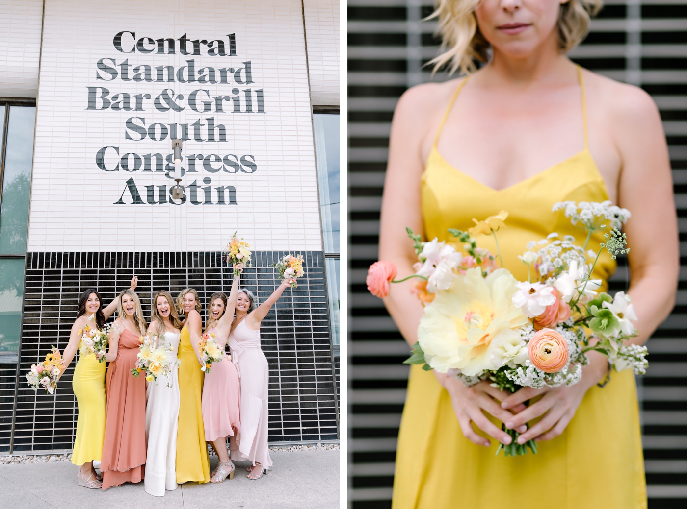 Colorful mismatched bridesmaids dresses in yellow and pink