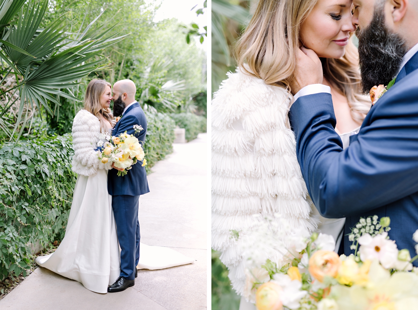 Bride in a faux fur fringe coat for her Austin wedding