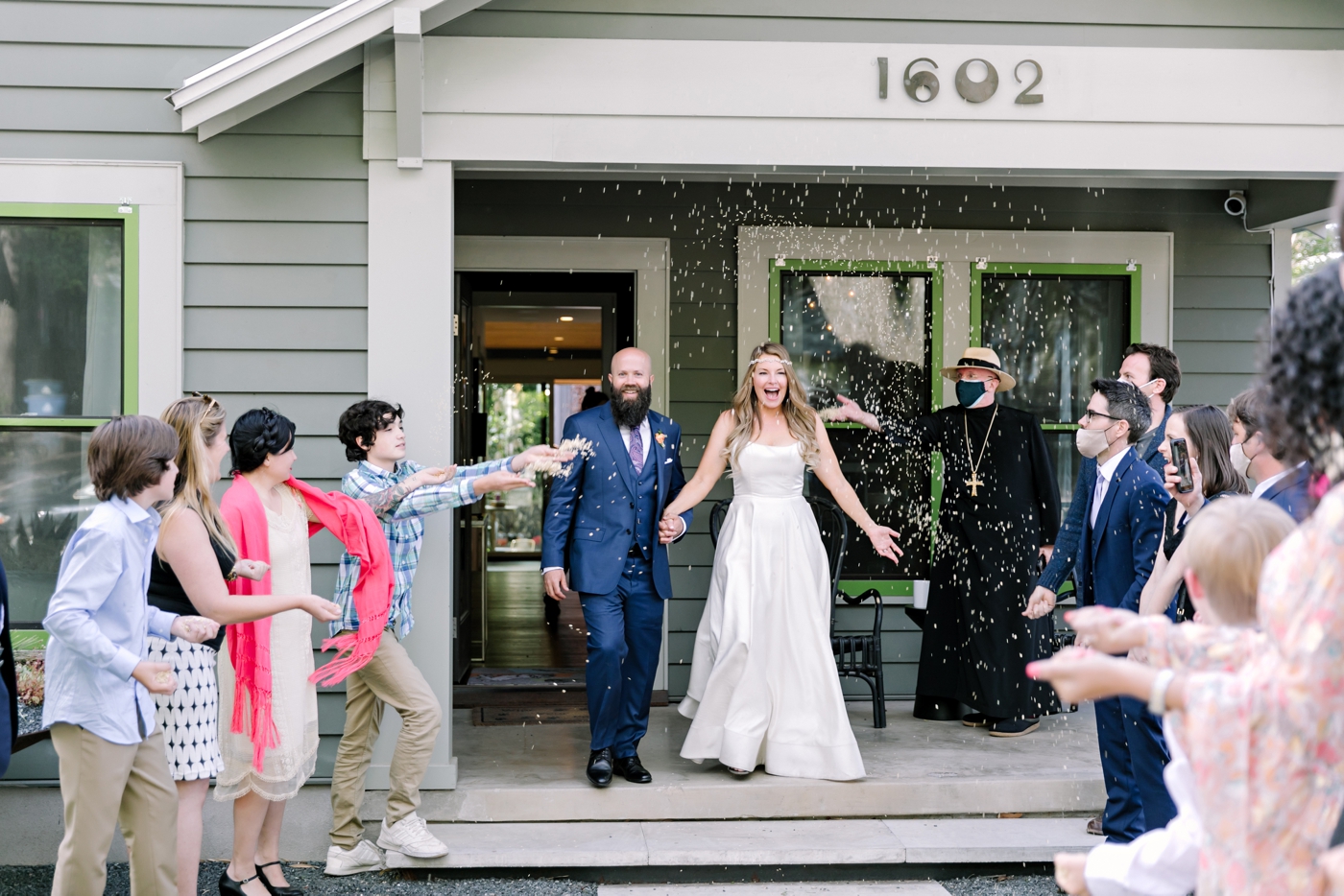 Confetti exit for a backyard wedding in Austin