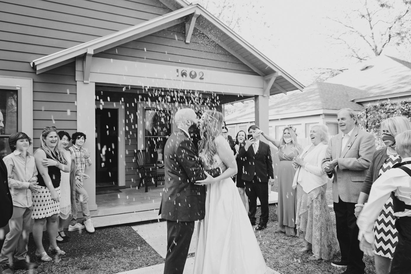 Confetti exit for a backyard wedding in Austin