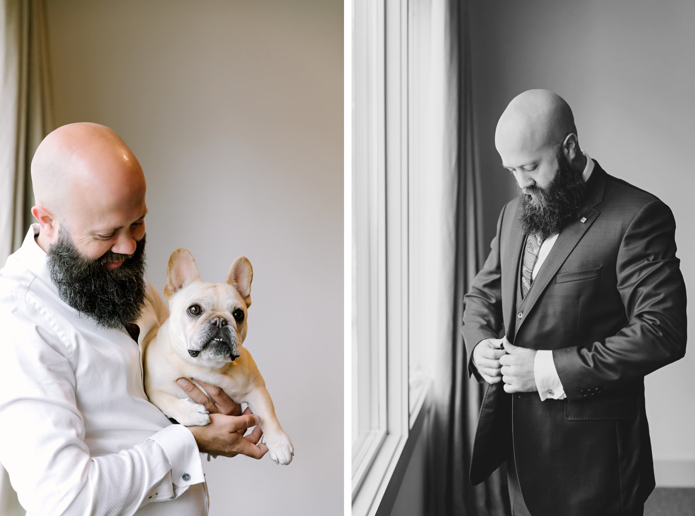 Groom getting ready with his pet French Bulldog 