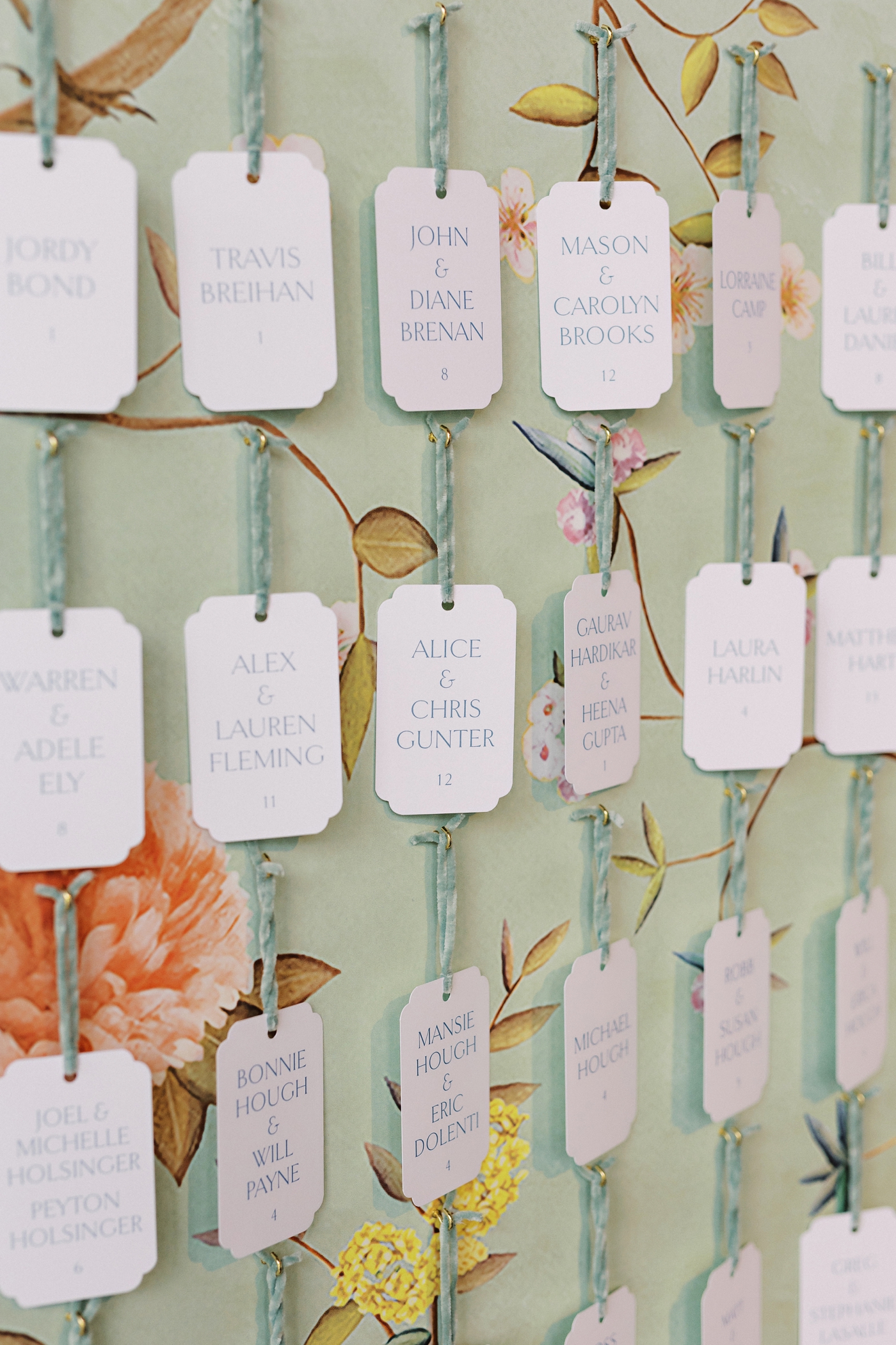 Floral Chinoiserie escort card display for a wedding reception 