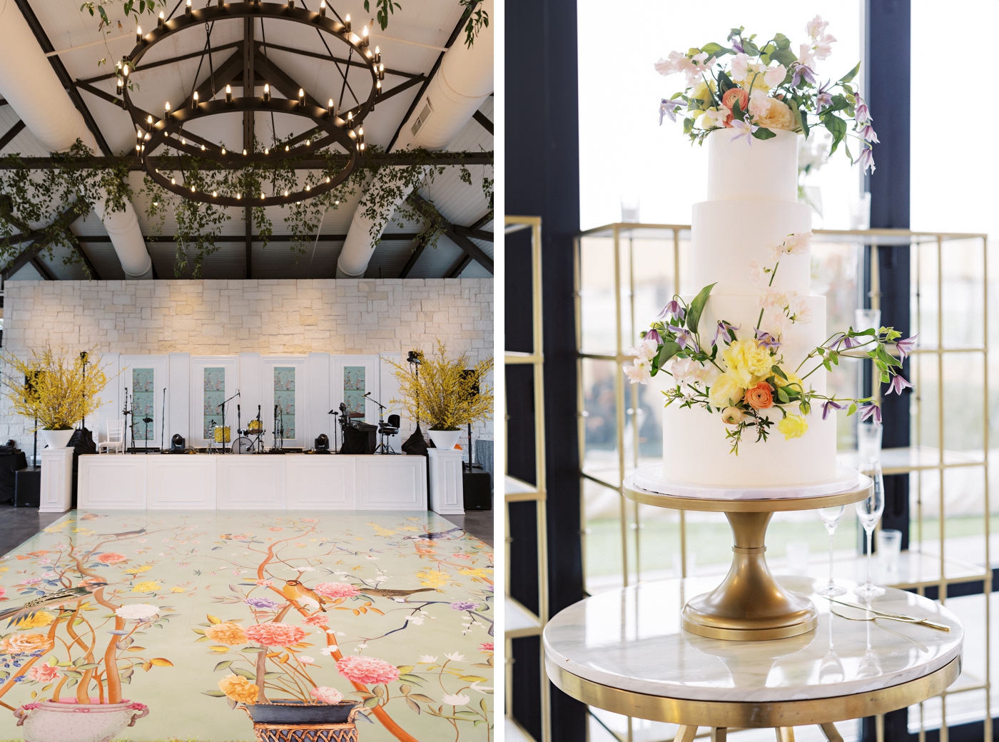Modern wedding cake, and a Chinoiserie patterned dance floor