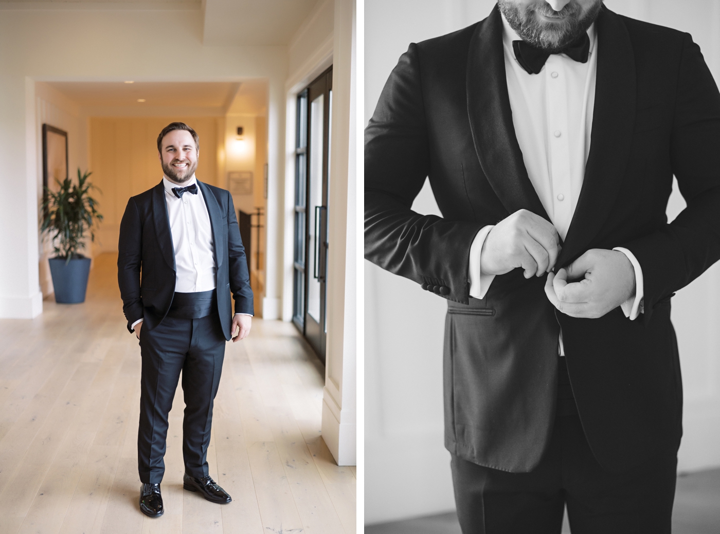Groom in a classic black tuxedo from Suit Supply