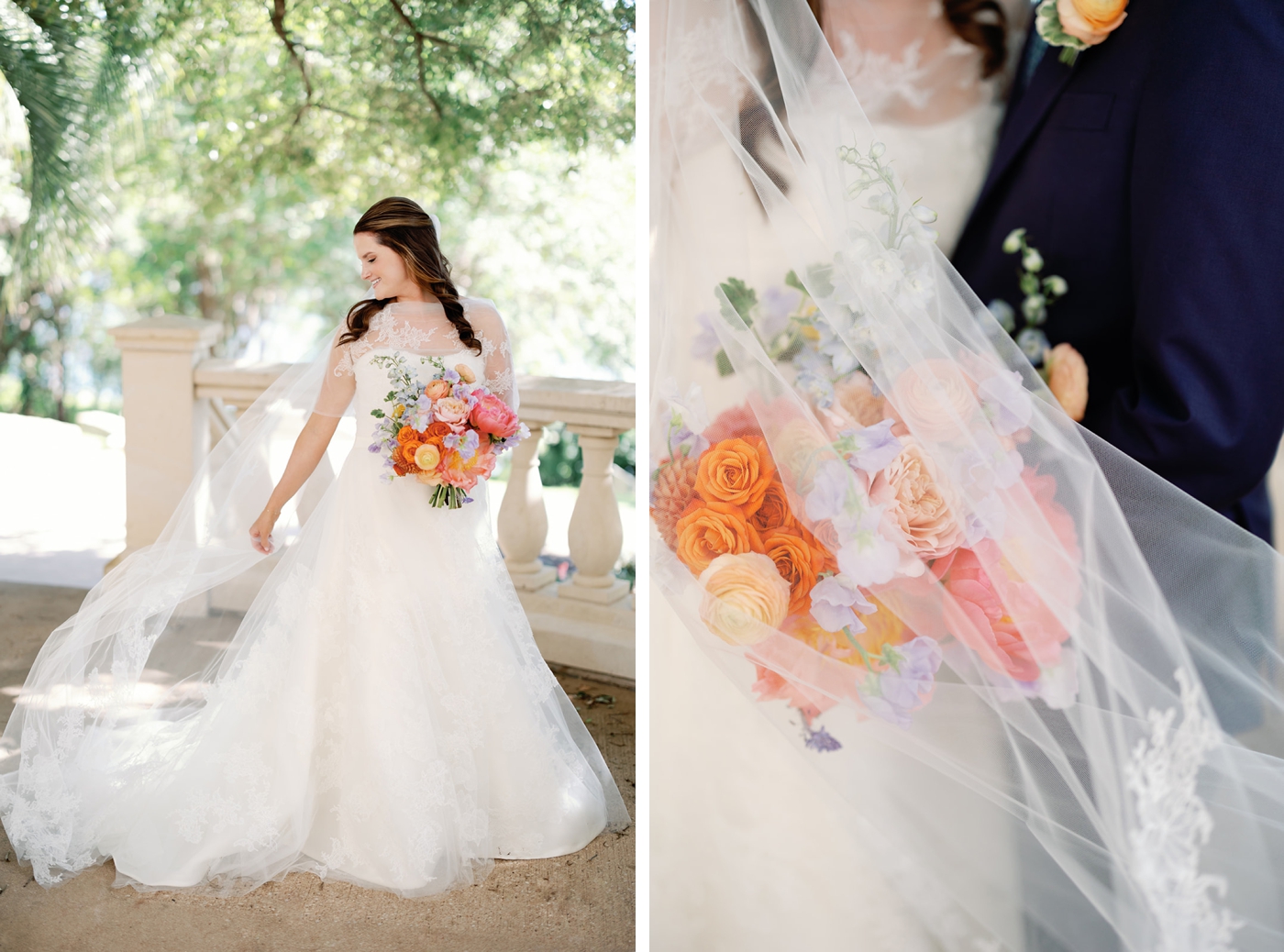 Bride in a Vera Wang gown holding a bouquet of pink, orange, and lavender flowers