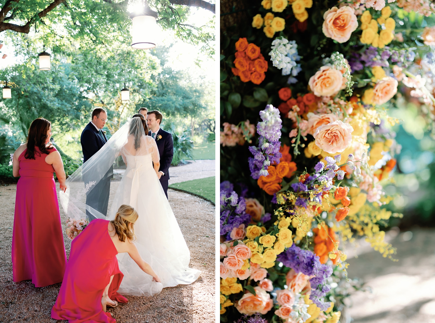 Spring wedding floral arch with orange, peach, and yellow roses and purple delphinium