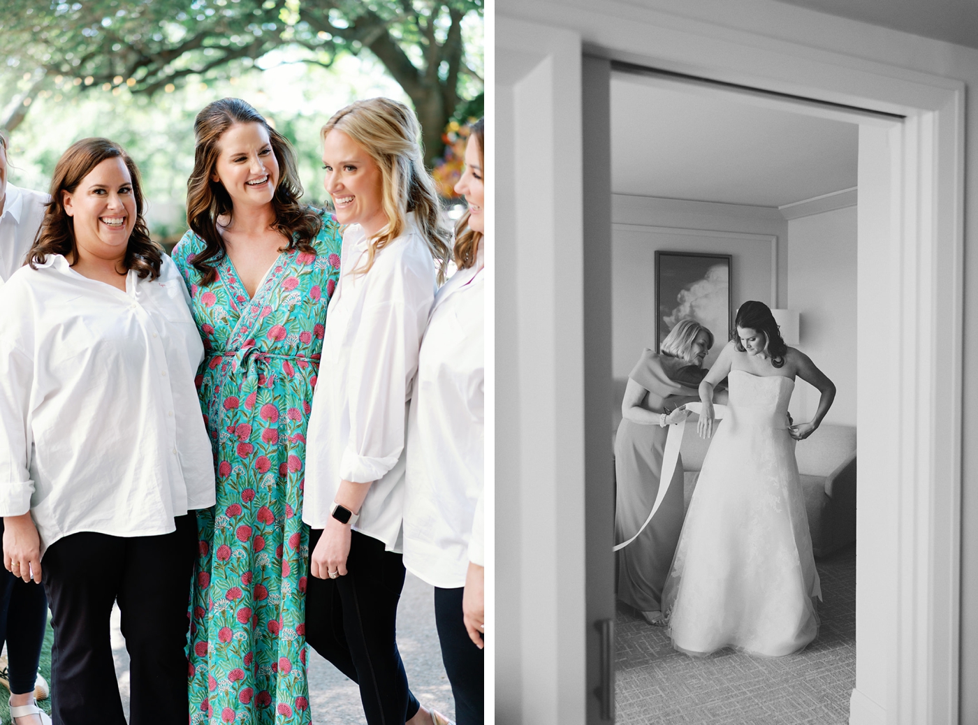 Bride putting on her gown by Vera Wang at Four Seasons Austin