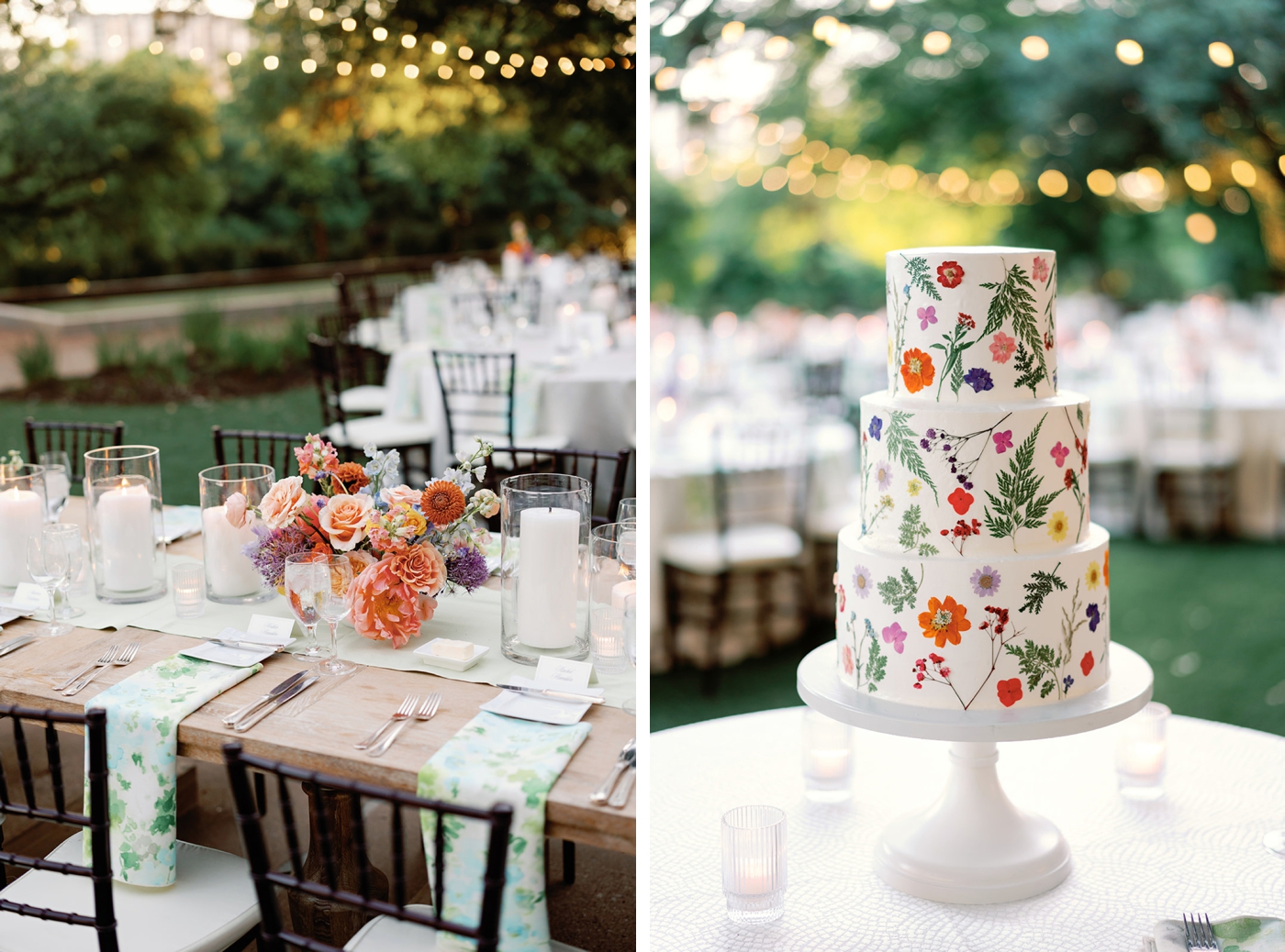 Cake covered in pressed flowers at an Austin garden party wedding 