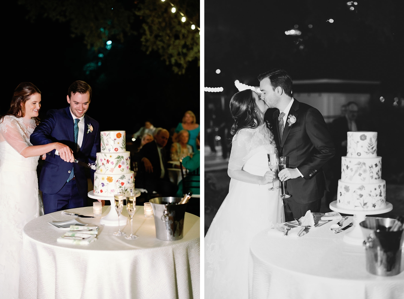 Bride and groom cutting a cake covered in pressed flowers