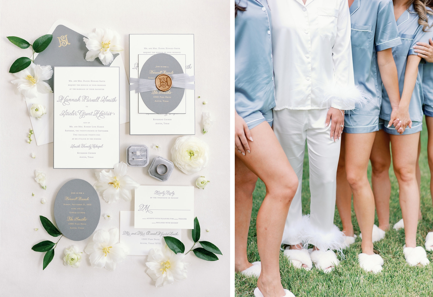 Gray and white wedding invitation flatlay with fresh flowers