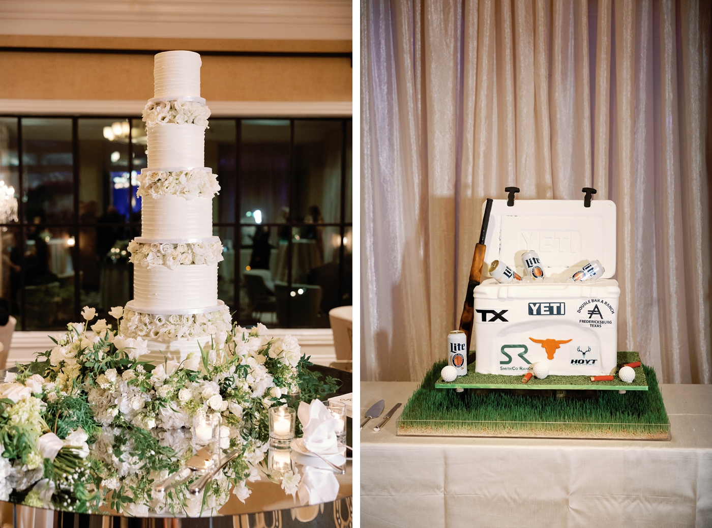 Bride and groom's cakes at a Texas Longhorn wedding in Austin