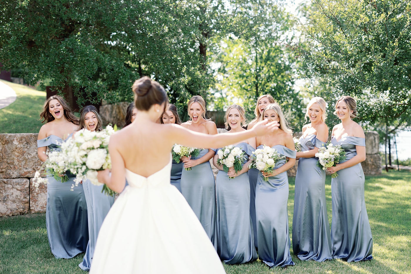 Bride and bridesmaids first look at Austin Country Club