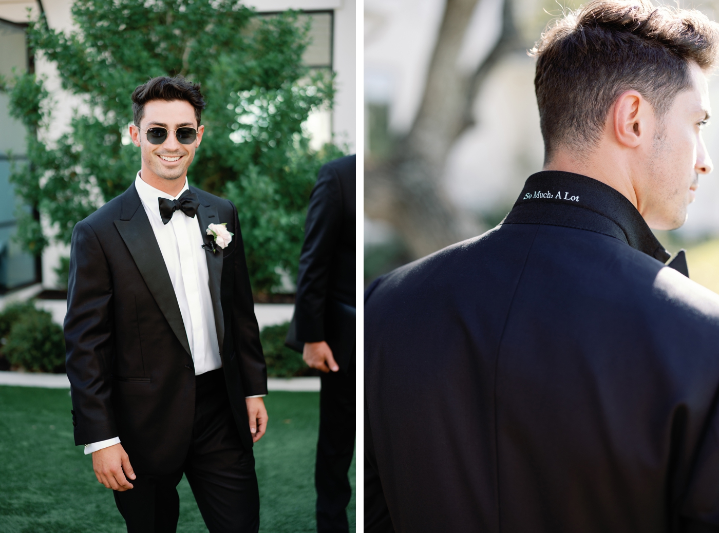 Groom in a black suit jacket with a custom embroidered undercollar from the Black Tux