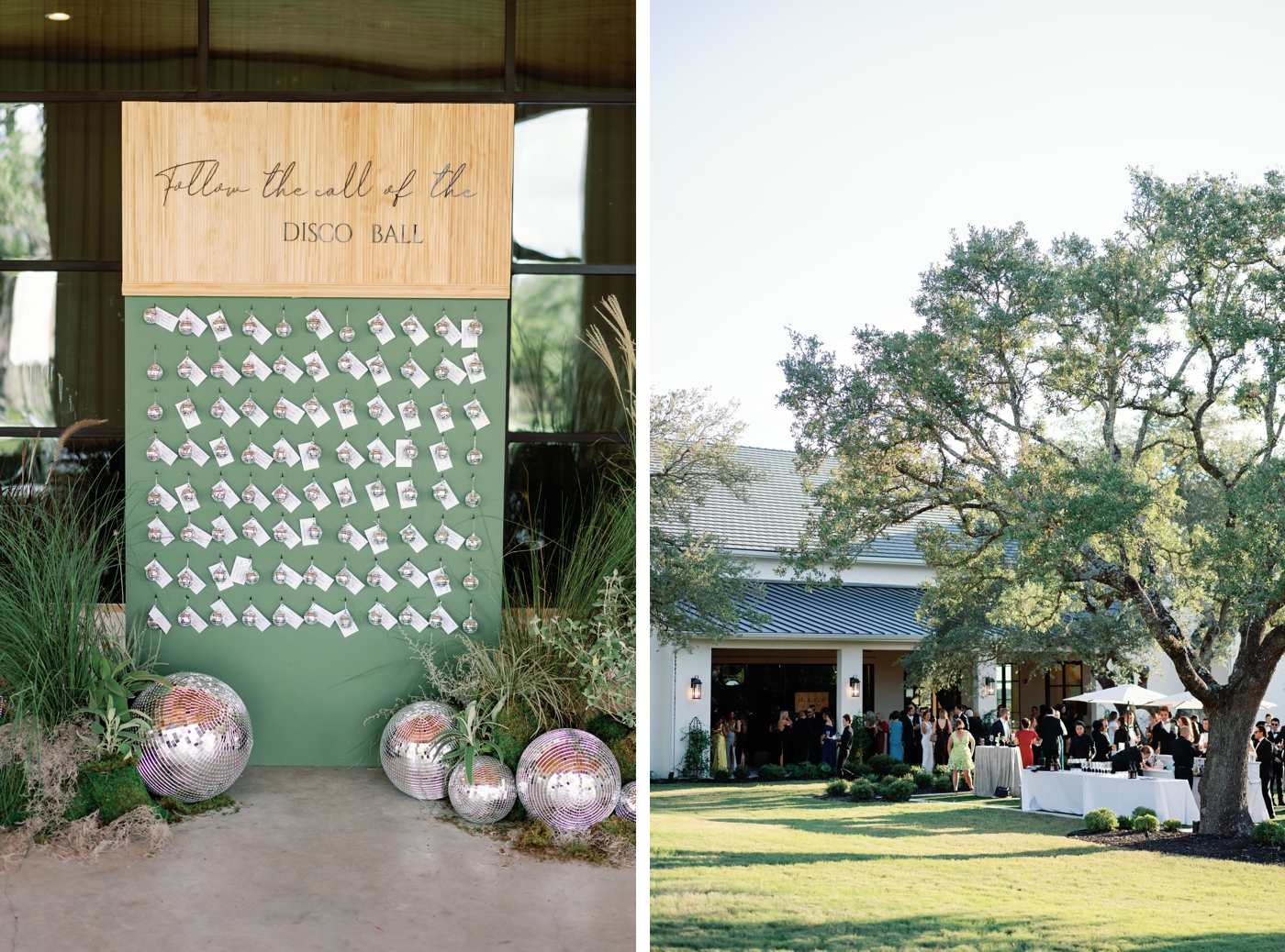Mini disco ball escort card display with green sprig details at a Texas wedding