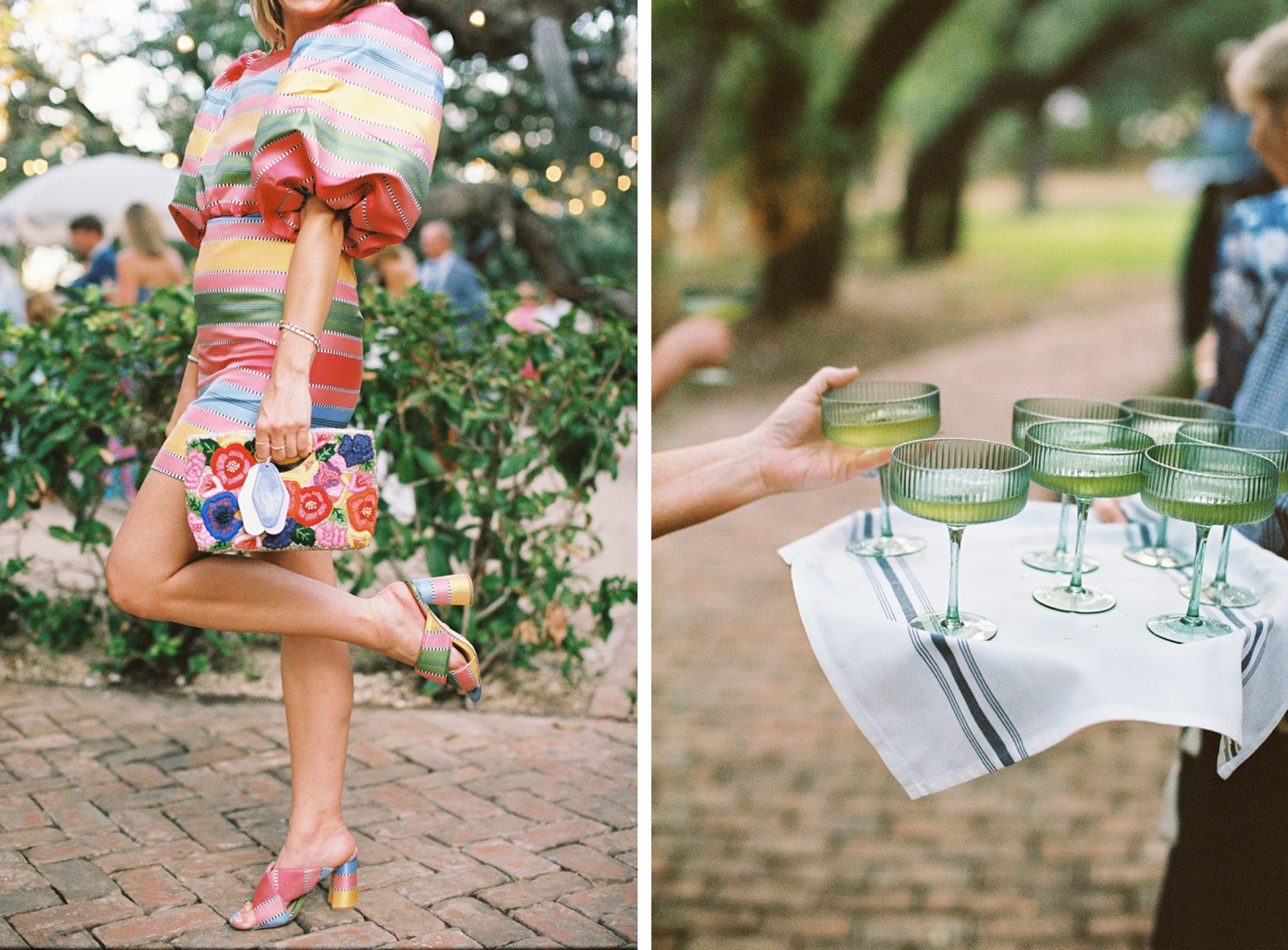Colorful wedding guest dress, with guests being served drinks in green glasses at Matties Green Pasture in Austin, shot on 35mm film