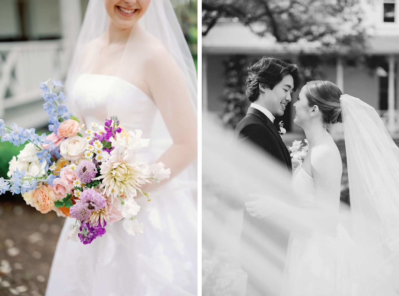 Bridal portraits outdoors, with the bride holding a colorful bouquet and wearing the Rosalie gown by Carolina Herrera