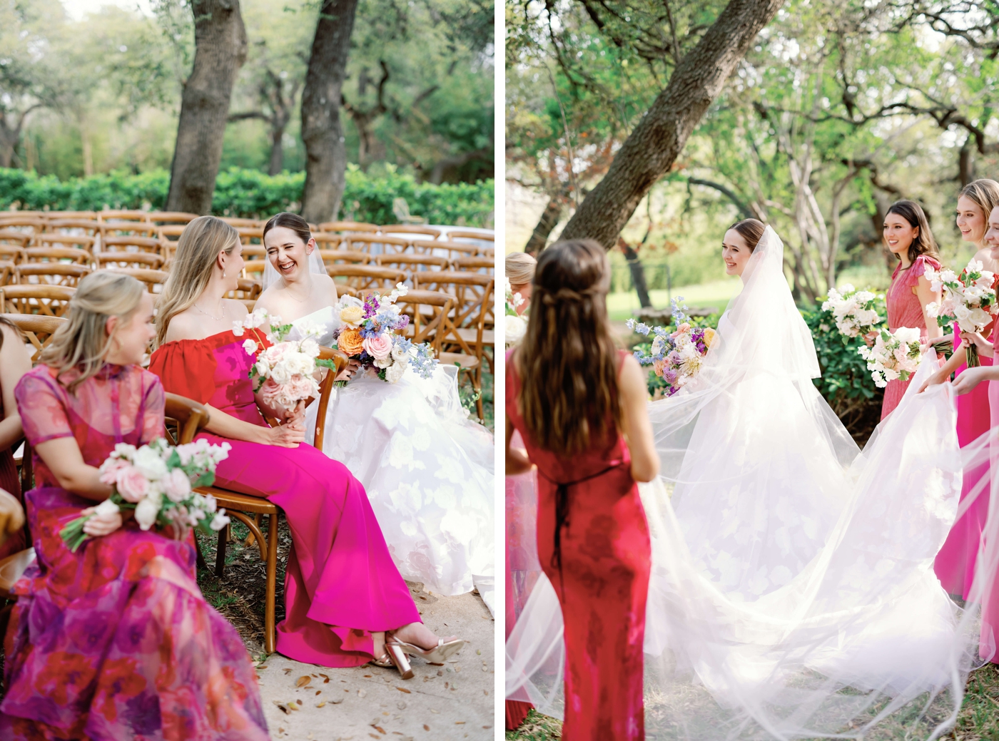 Colorful bridesmaids dresses in shades of pink and fuchsia, helping a bride get her pictures taken at Mattie's In Austin