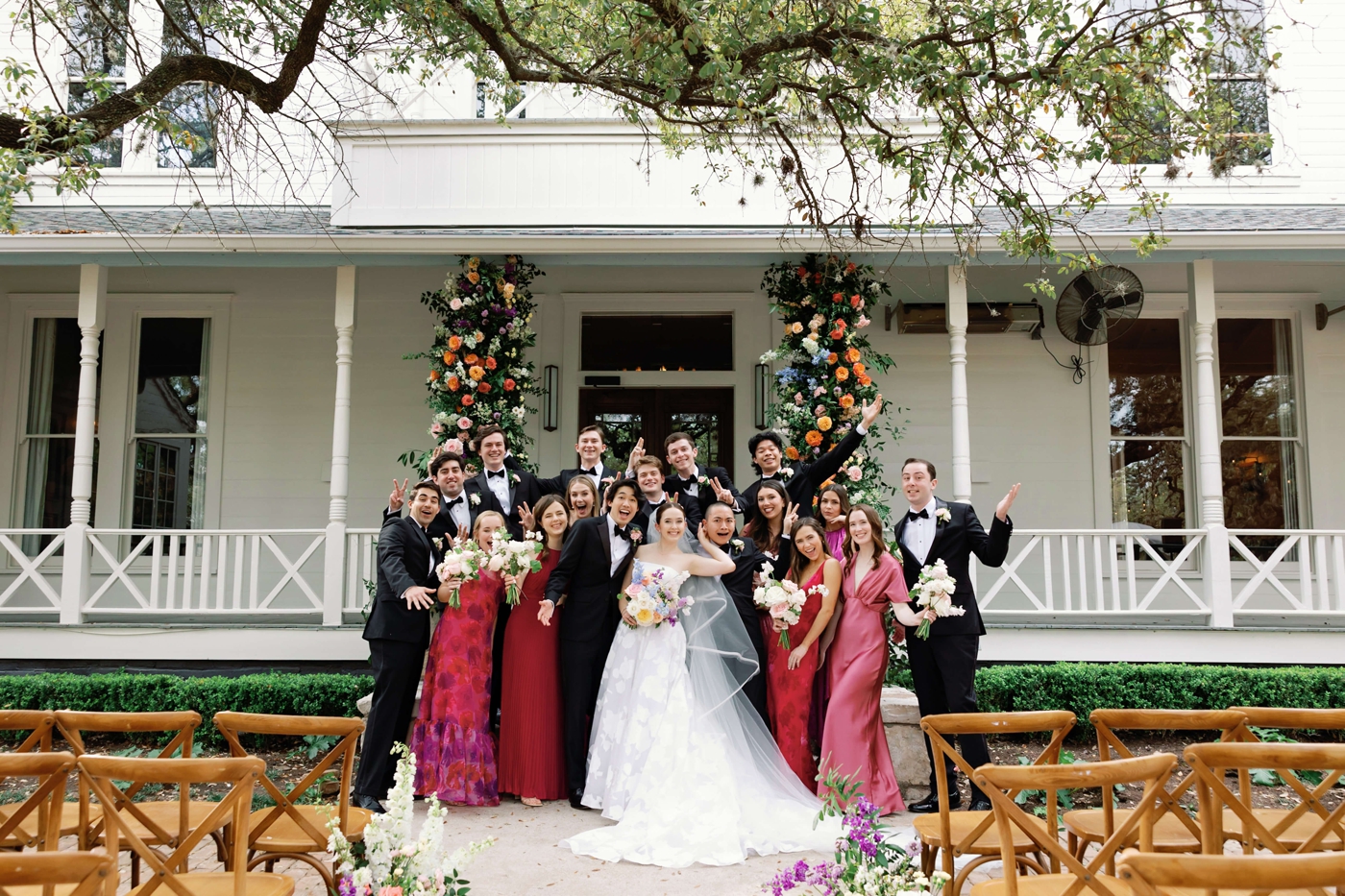 Wedding party pictures outside of Green Pastures in Austin