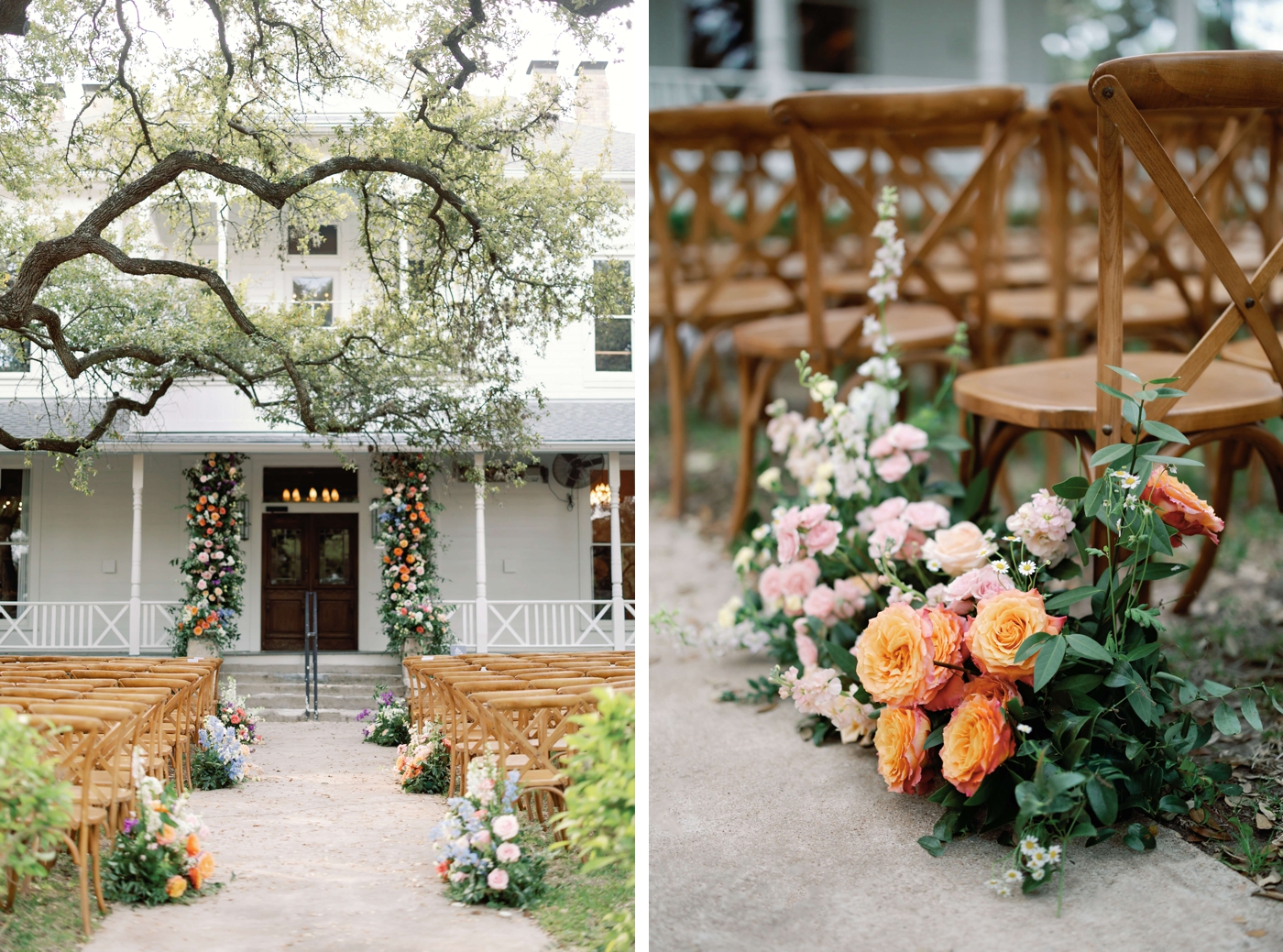 Colorful flowers line the wedding ceremony aisle