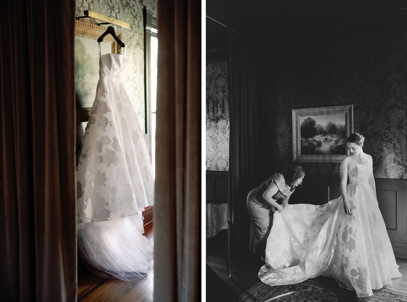 The Rosalie gown by Carolina Herrera hanging on a door