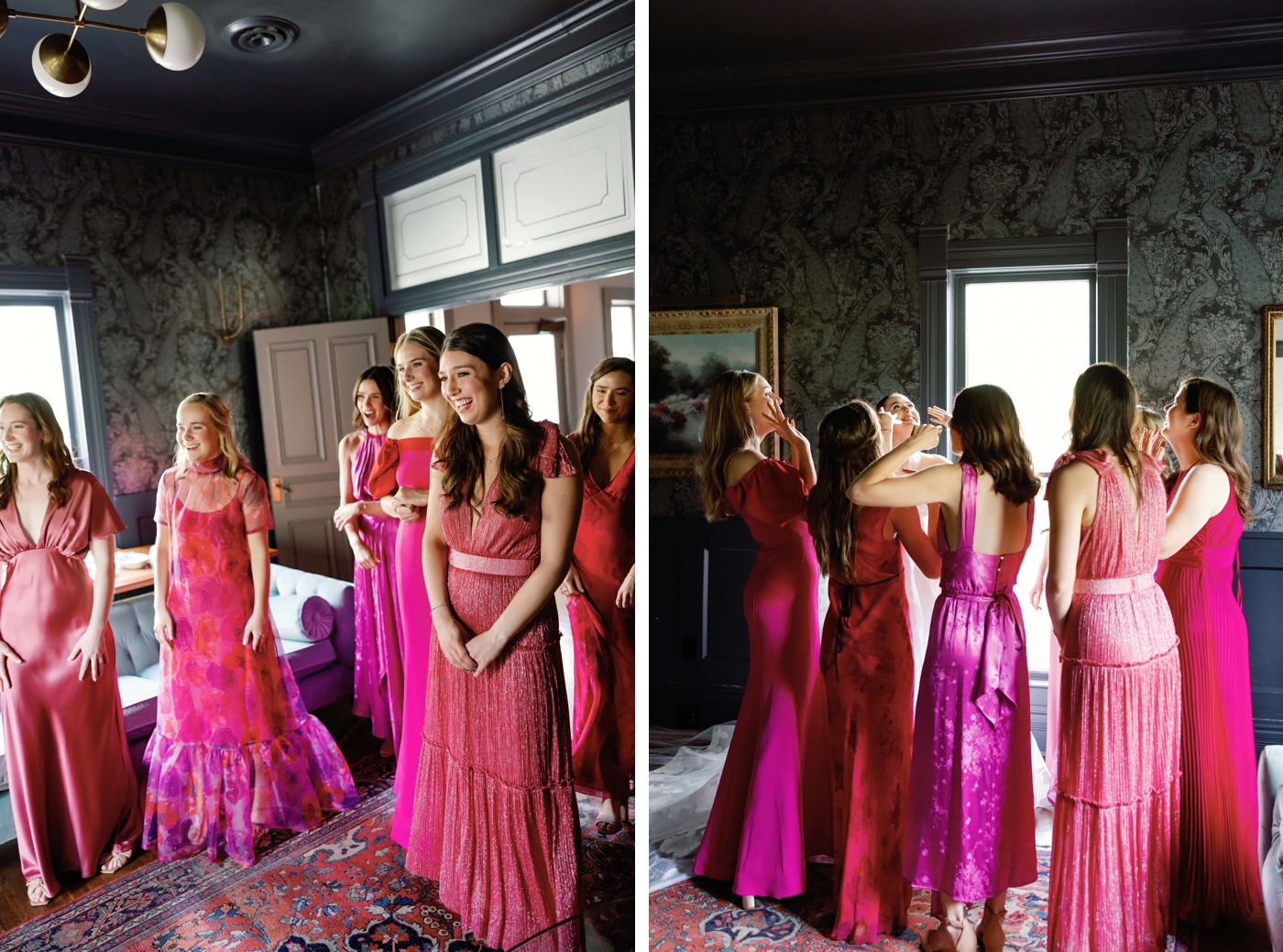 Bridesmaids in fuchsia and pink dresses, seeing the bride for the first time