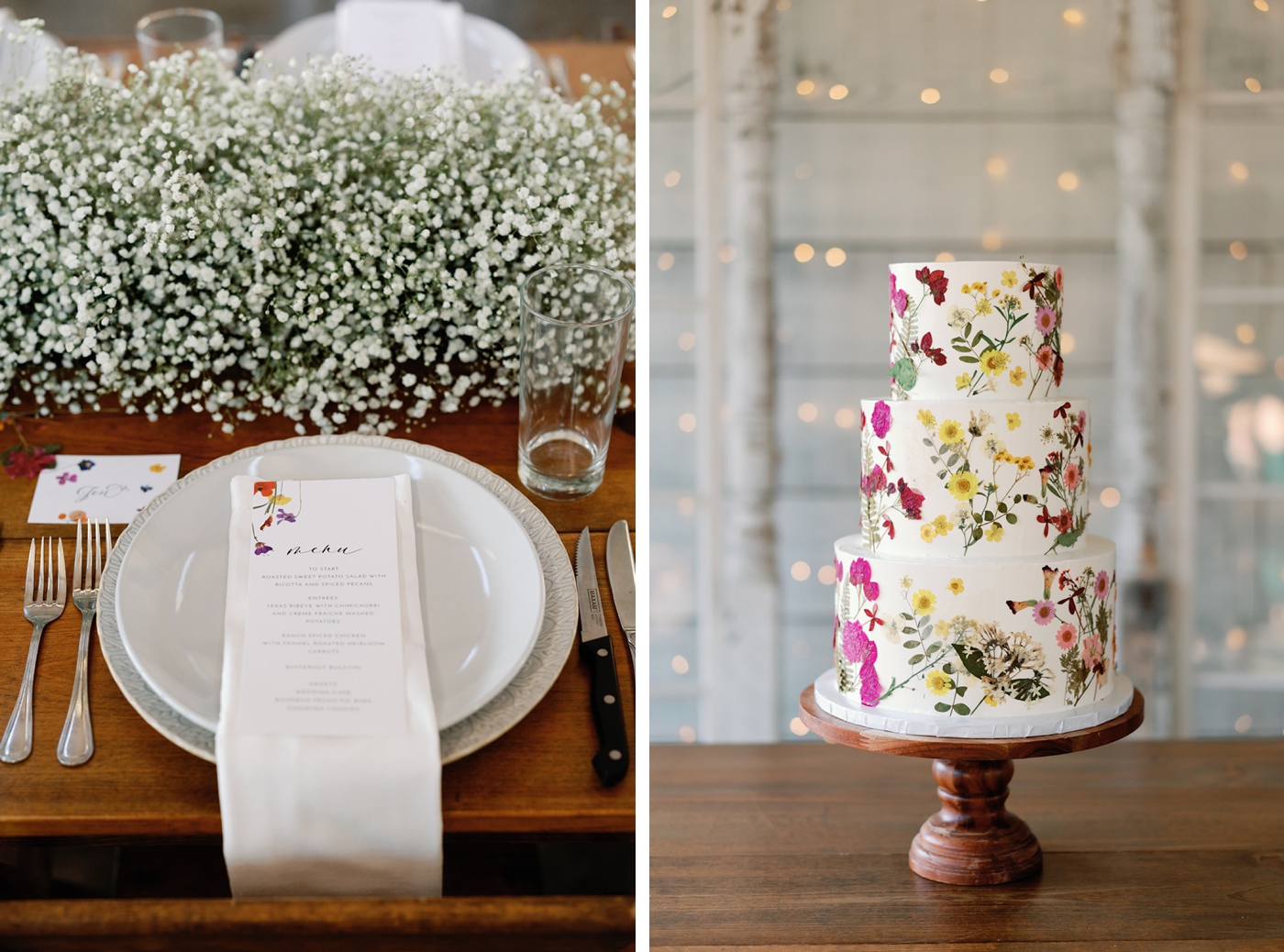 Three tier wedding cake with dried flowers