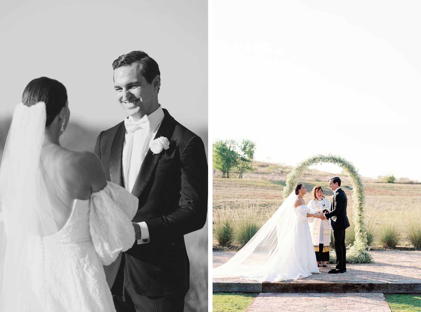 Outdoor ceremony at Two Wishes Ranch with a baby's breath covered ceremony arch
