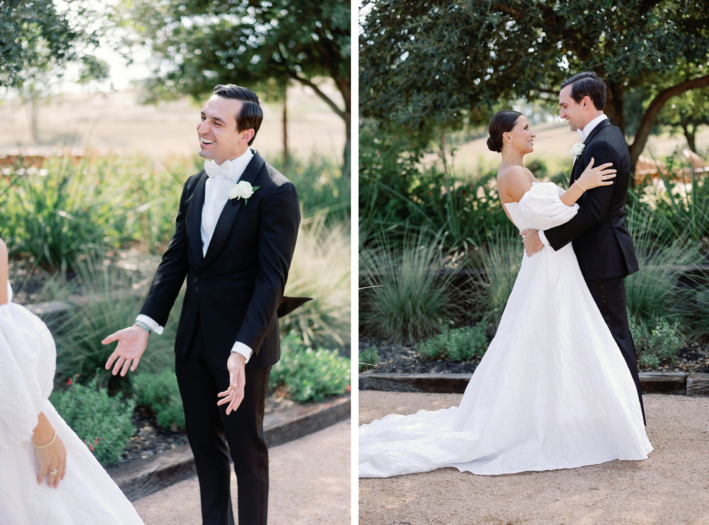 A bride and groom look outdoors at Two Wishes Ranch