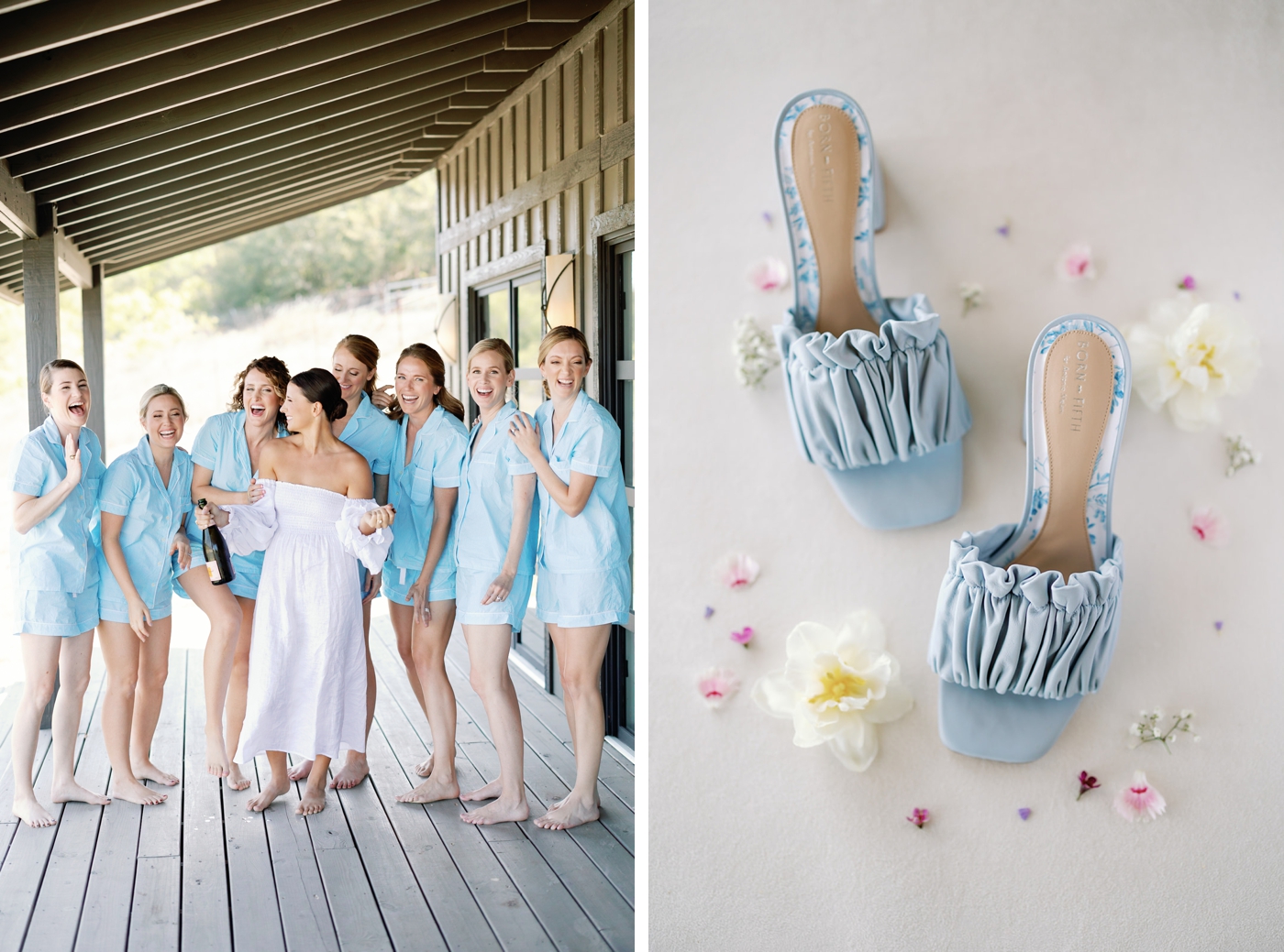 Bride and her bridal party wearing matching blue satin pajamas, getting ready at Two Wishes Ranch 