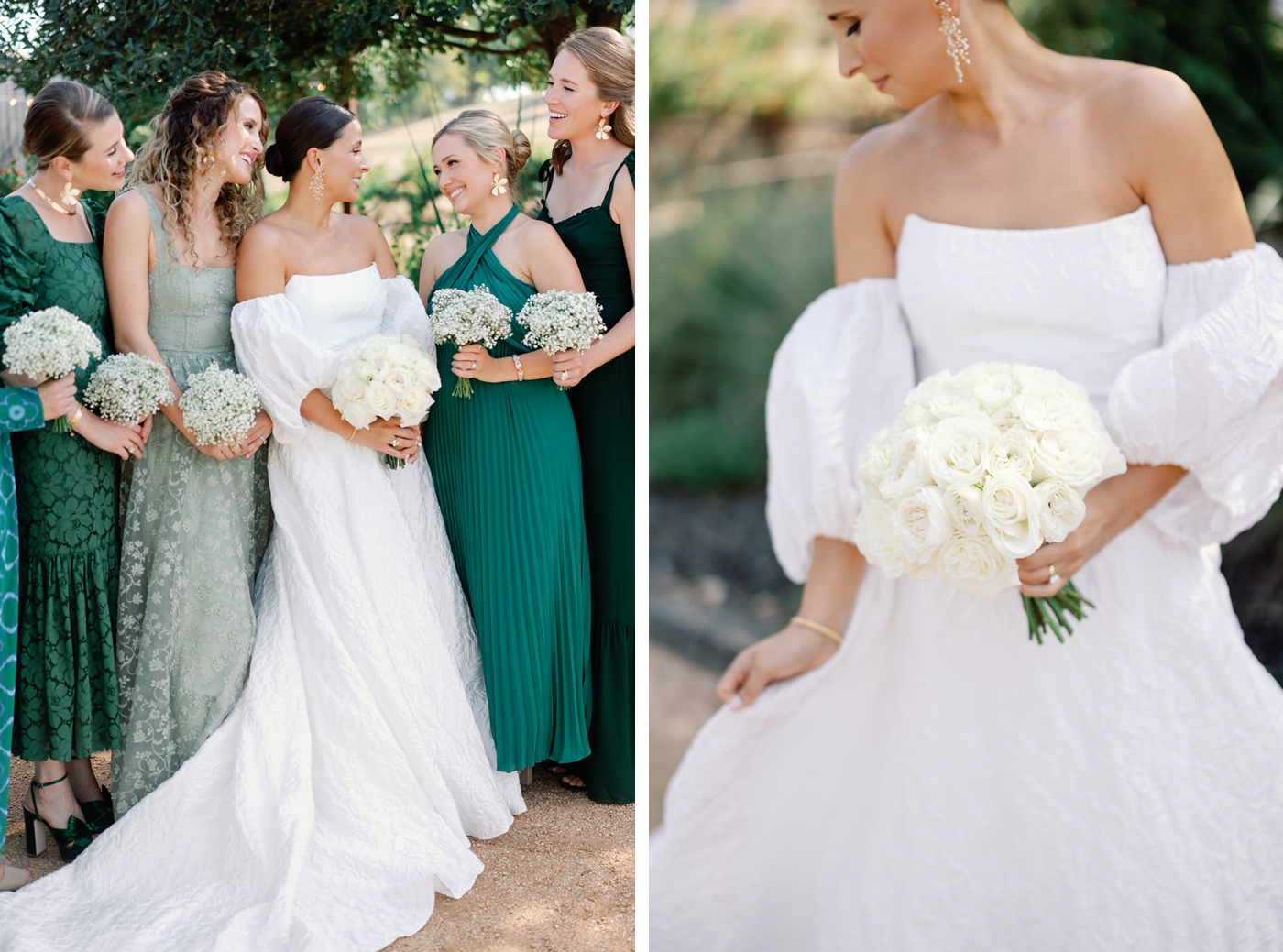 Bride next to her bridesmaids who are wearing dark green and light green dresses