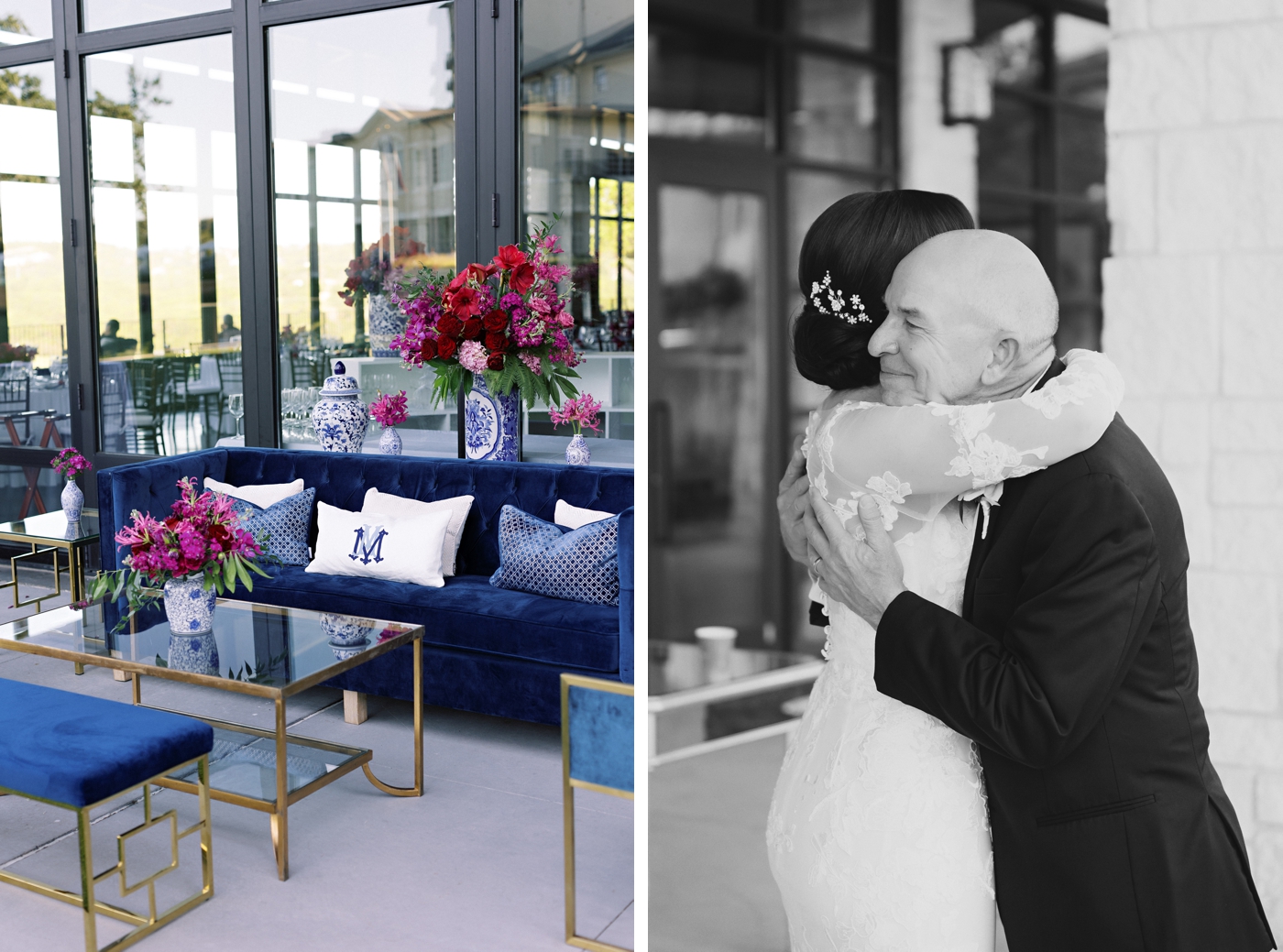 Fuchsia pink orchids and flowers with white and blue chinoiserie pottery at a wedding reception in Austin