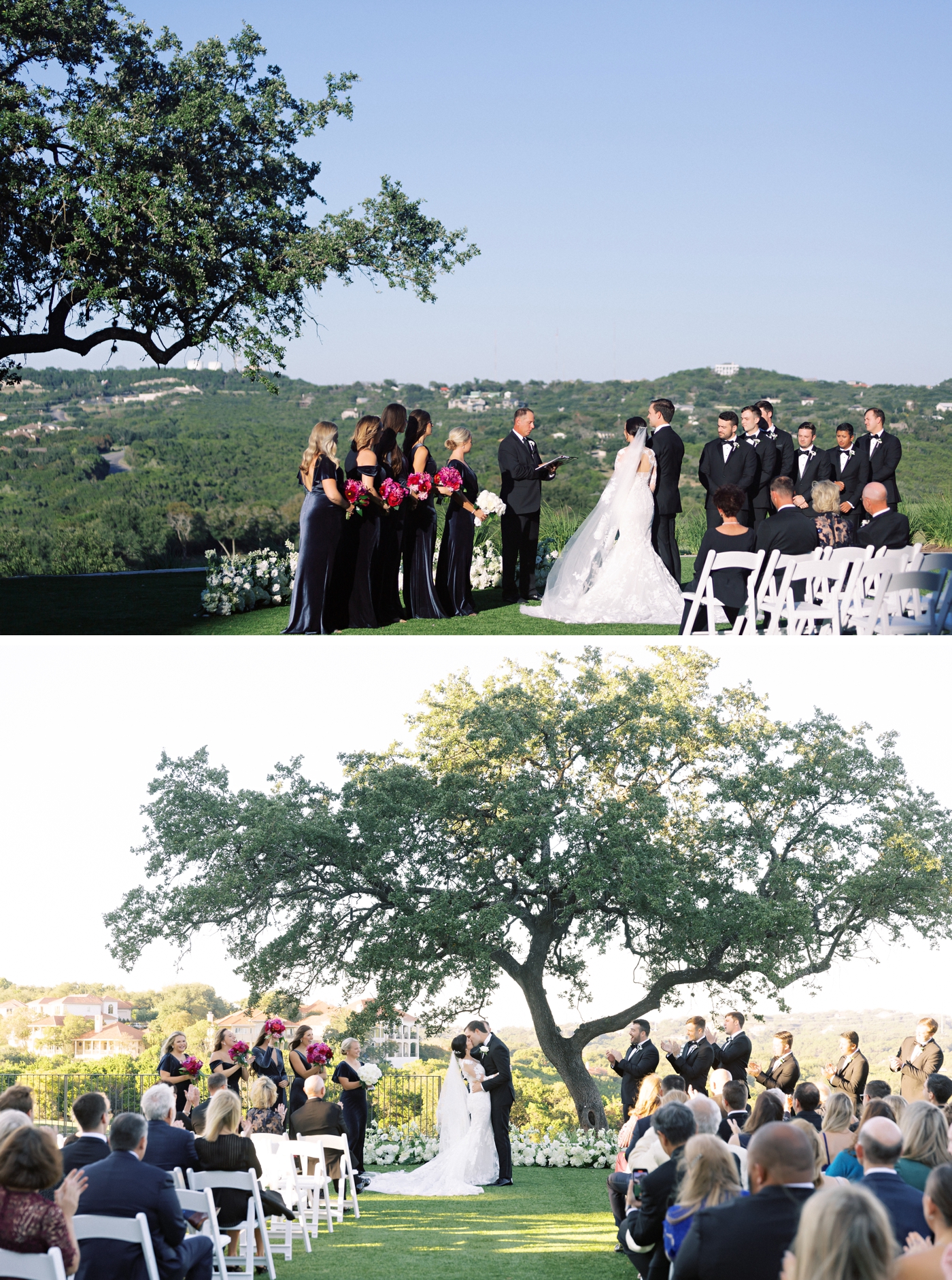 Wedding ceremony on a lawn overlooking the Austin Hill country at Omni Barton Creek