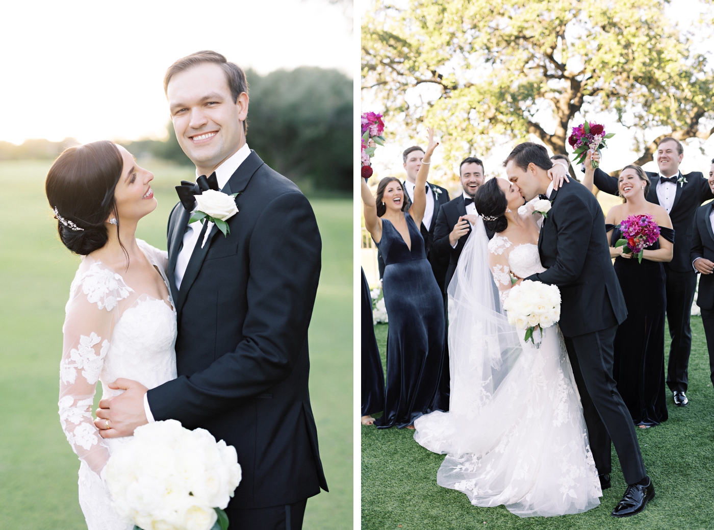 Bride, groom and wedding pictures on a golf course at sunset.