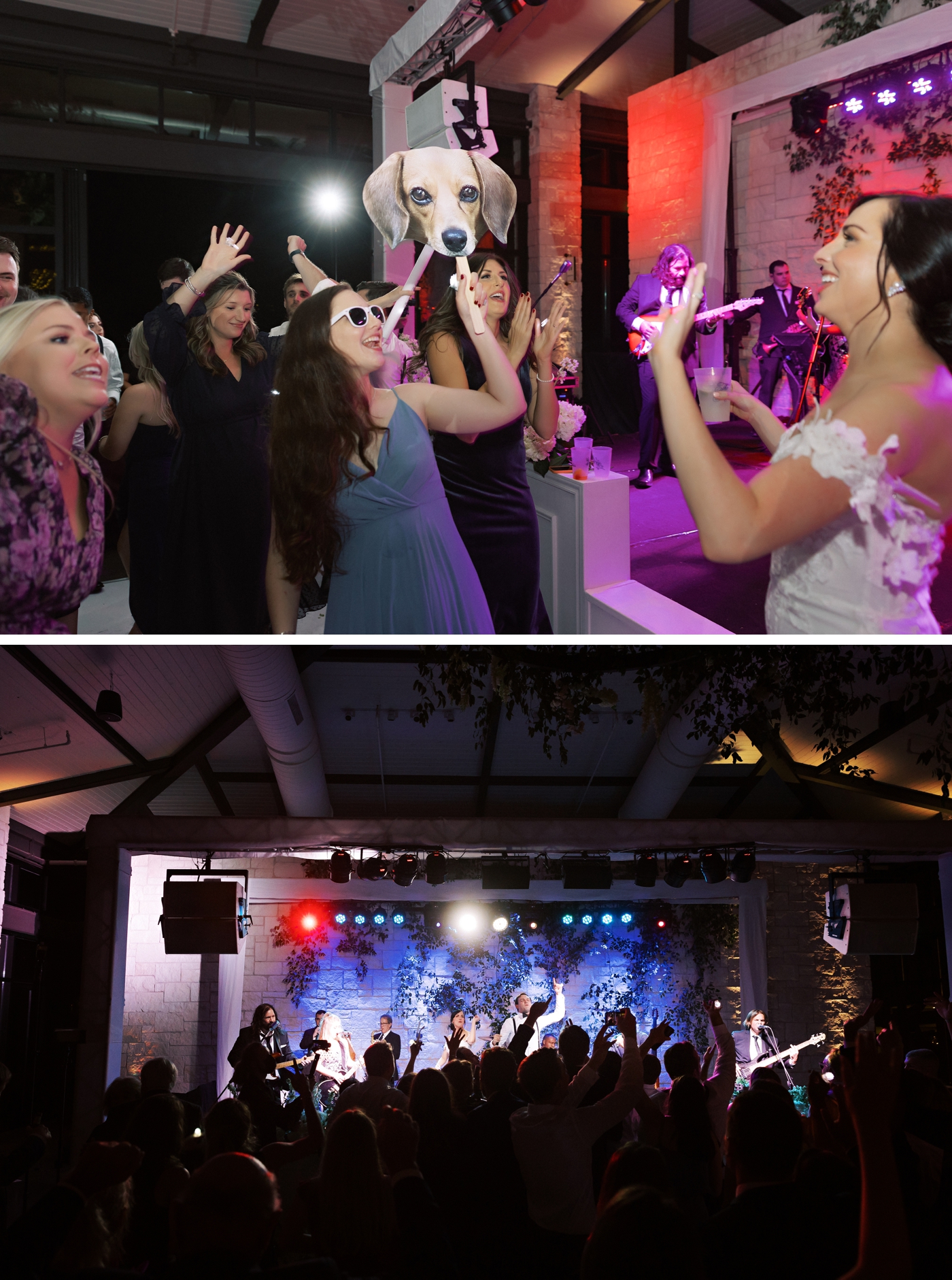 Guests at a wedding holding a giant cutout of the bride and grooms dog, dancing on the dance floor