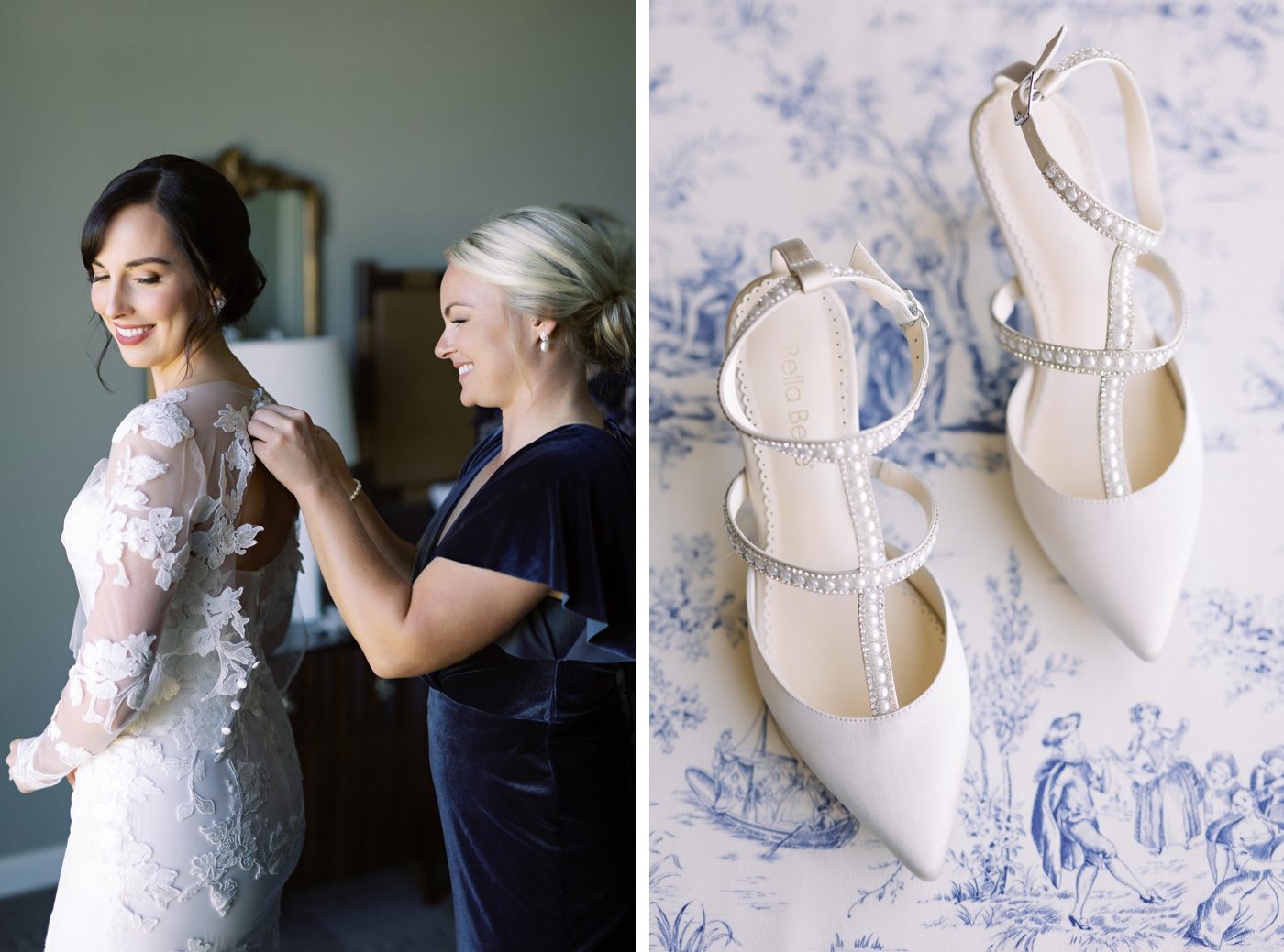 Bride putting on a Monique Lhuillier gown