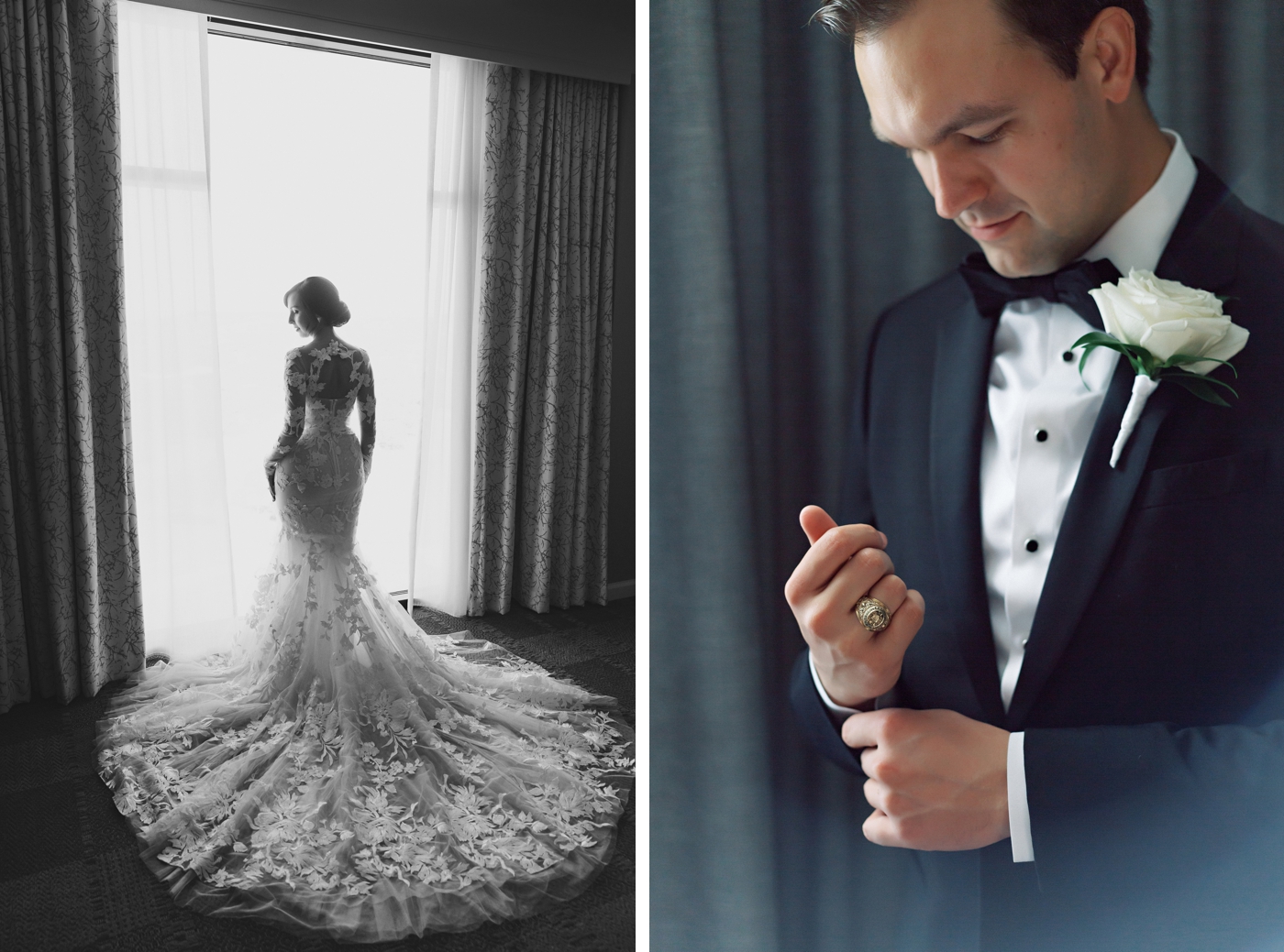 Bride in a Monique Lhuillier in a hotel room posing in front of a window