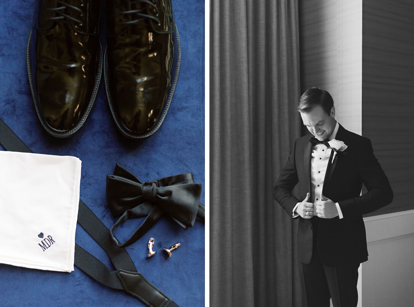 Groom details, shoes, and putting on his suit jacket 